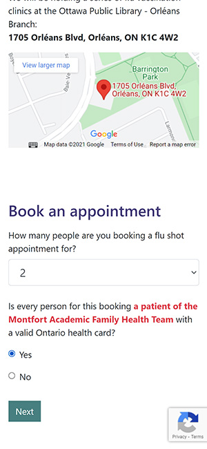 Screen capture of flu shot booking choosing the number of appointments to be booked.